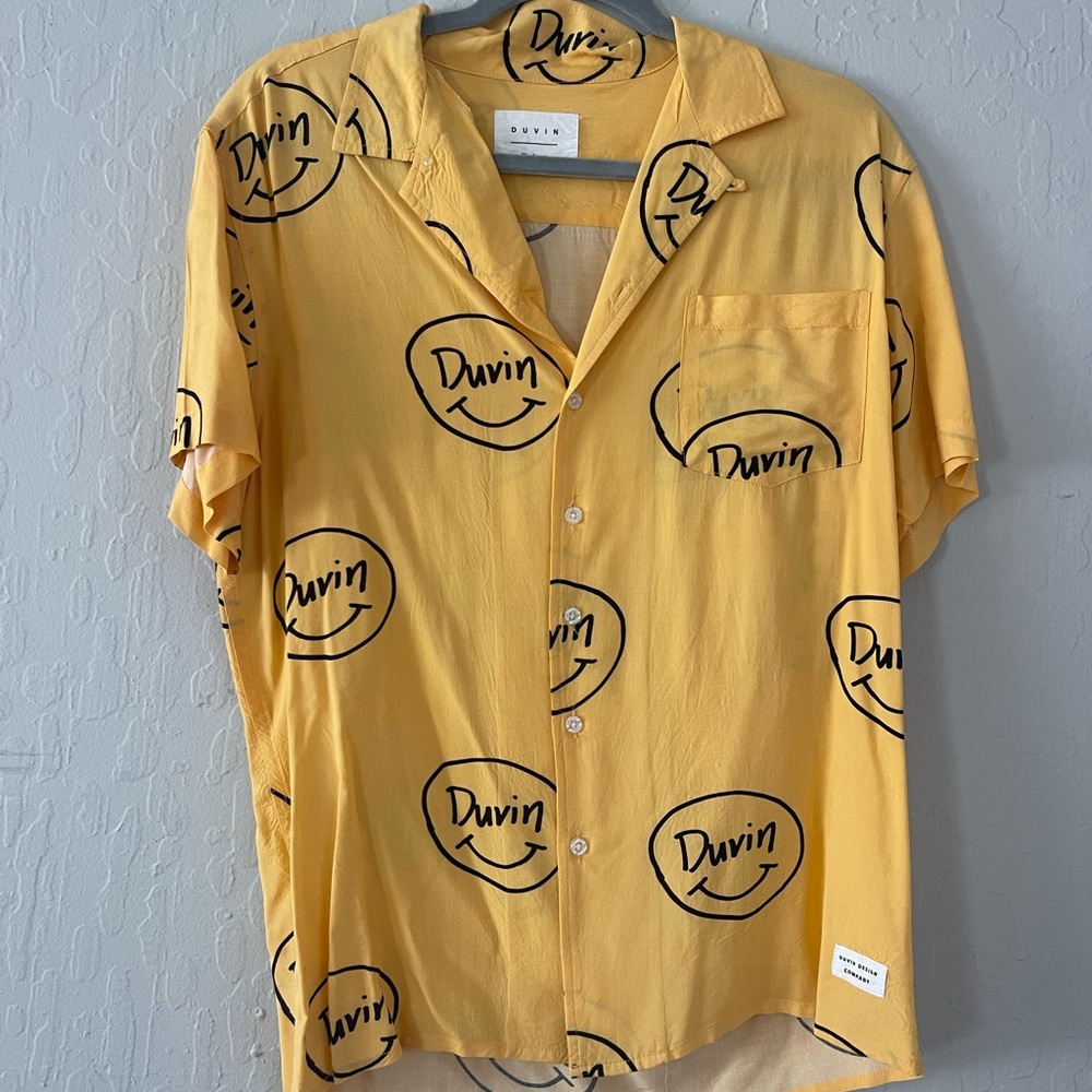 Duvin Yellow Casual Button Down Shirt with smiley Pattern